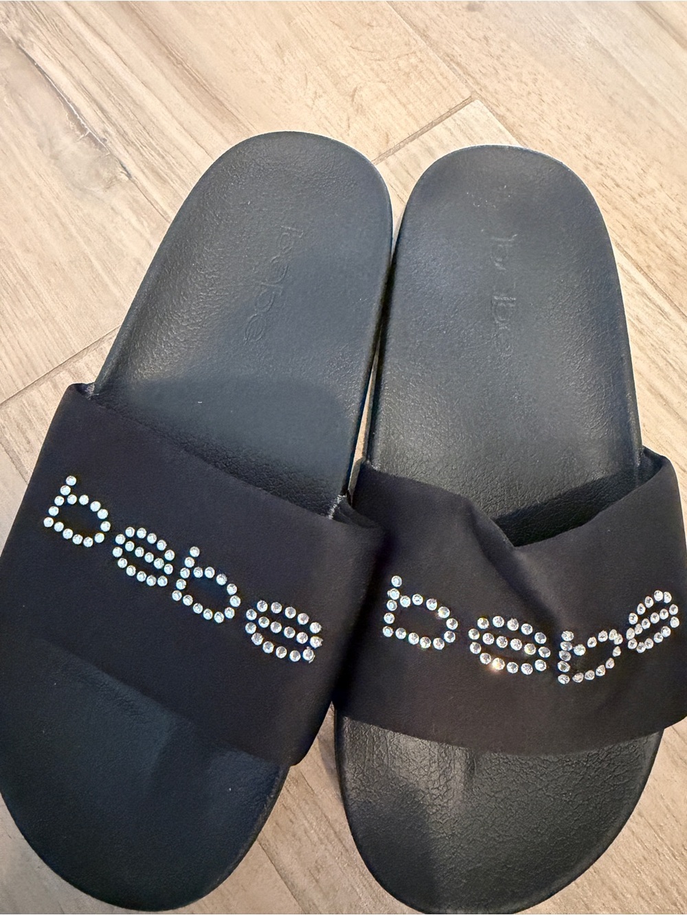 bebe Y2K Black Satin Rhinestone Logo Slide Sandals Size 7